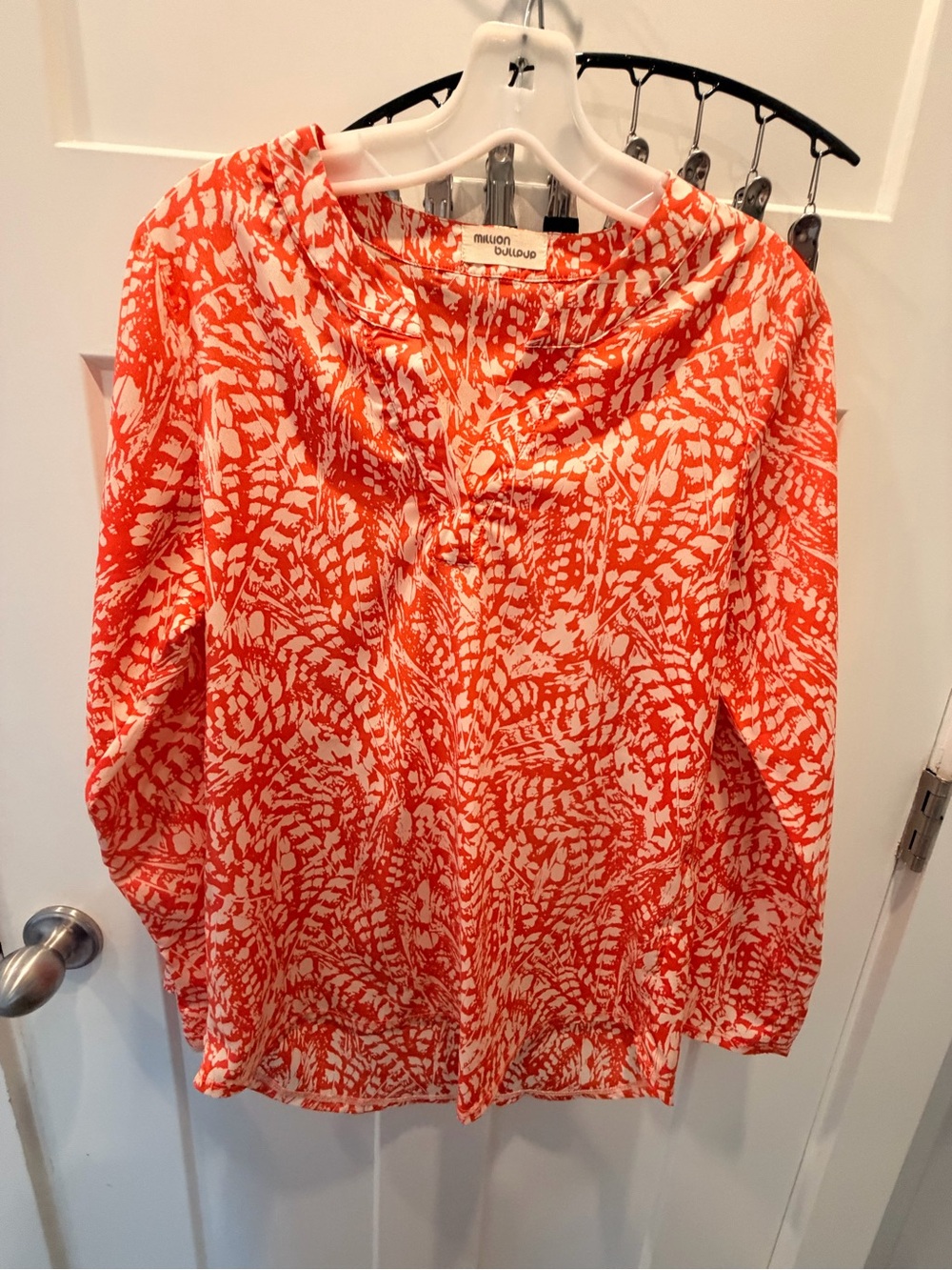 Million Bullpup Large Orange Cream Abstract Print Long Sleeve Peasant Blouse